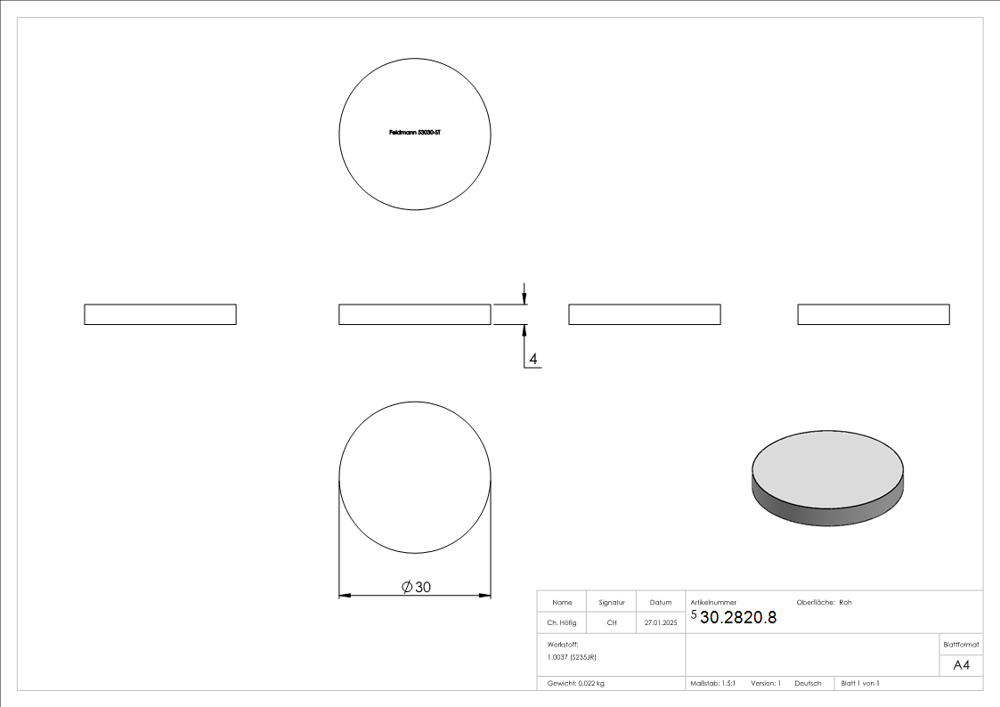 Ronde - Ø 30x4 mm - Stahl S235JR- roh-30-2820.8