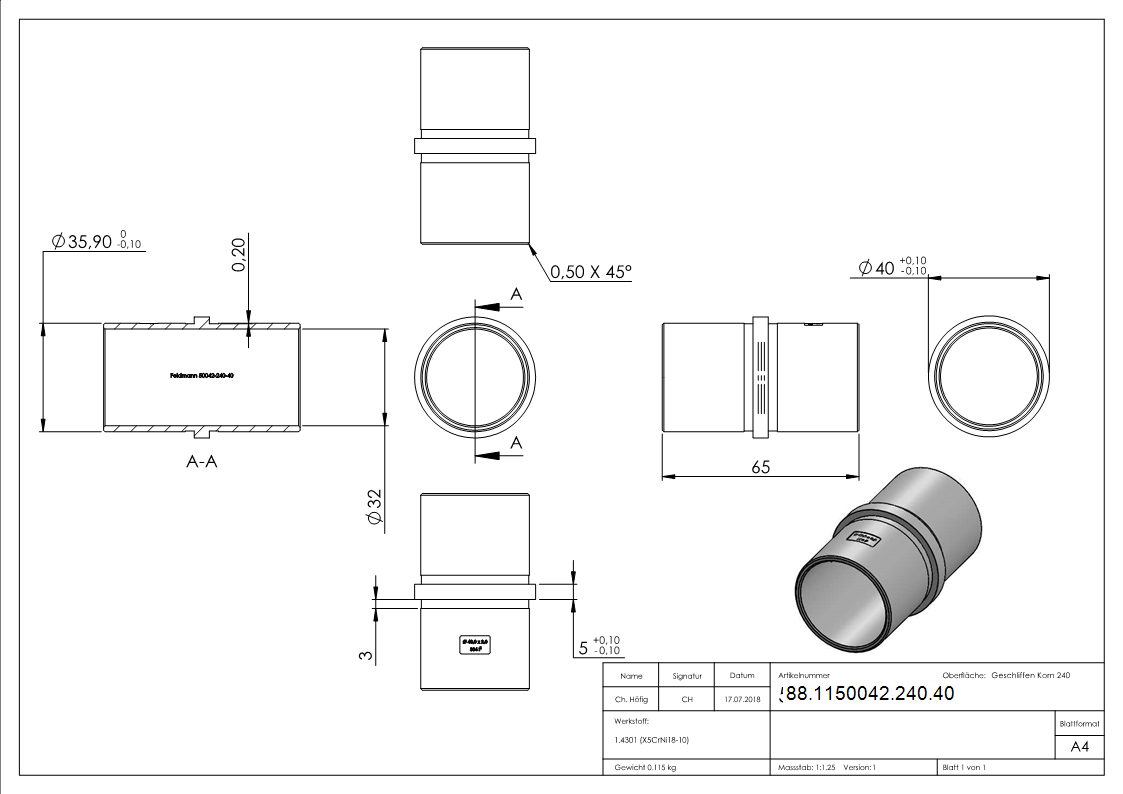 Steckverbinder V2A fuer Rohr Ø 40-0x2-0 mm- L 65 mm- mit Mittelsteg-88-1150042-240.40