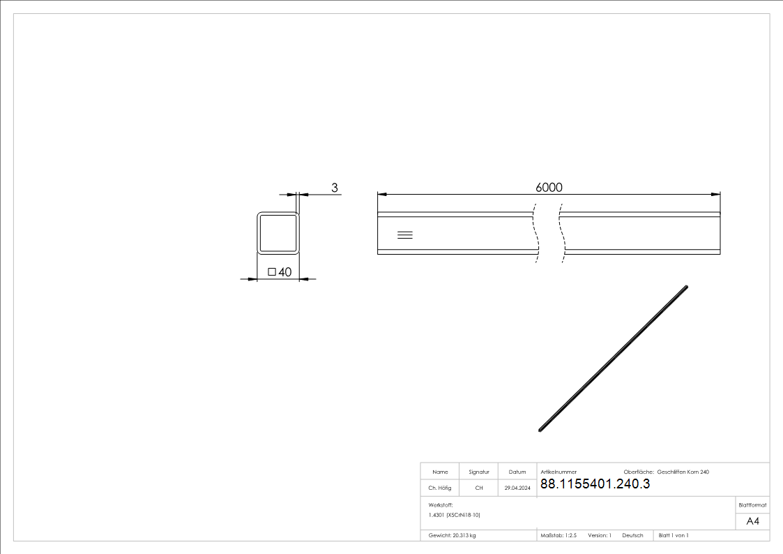 Quadratrohr- 40 x 40 x 3-0mm- Laenge- 6000mm Edelstahl-88-1155401-240.3