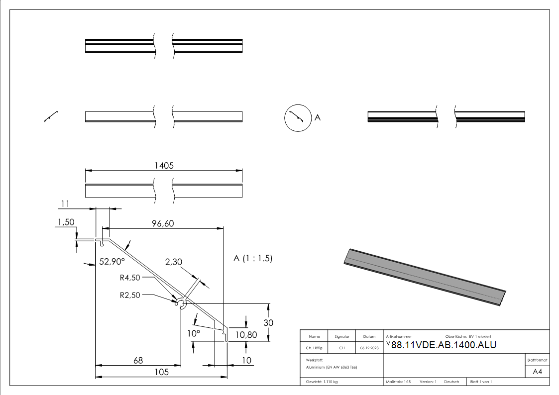 Design-Abdeckung fuer eleganza canopy- L=1405mm- Aluminium E4-EV1-88-11VDE-AB-1400.ALU