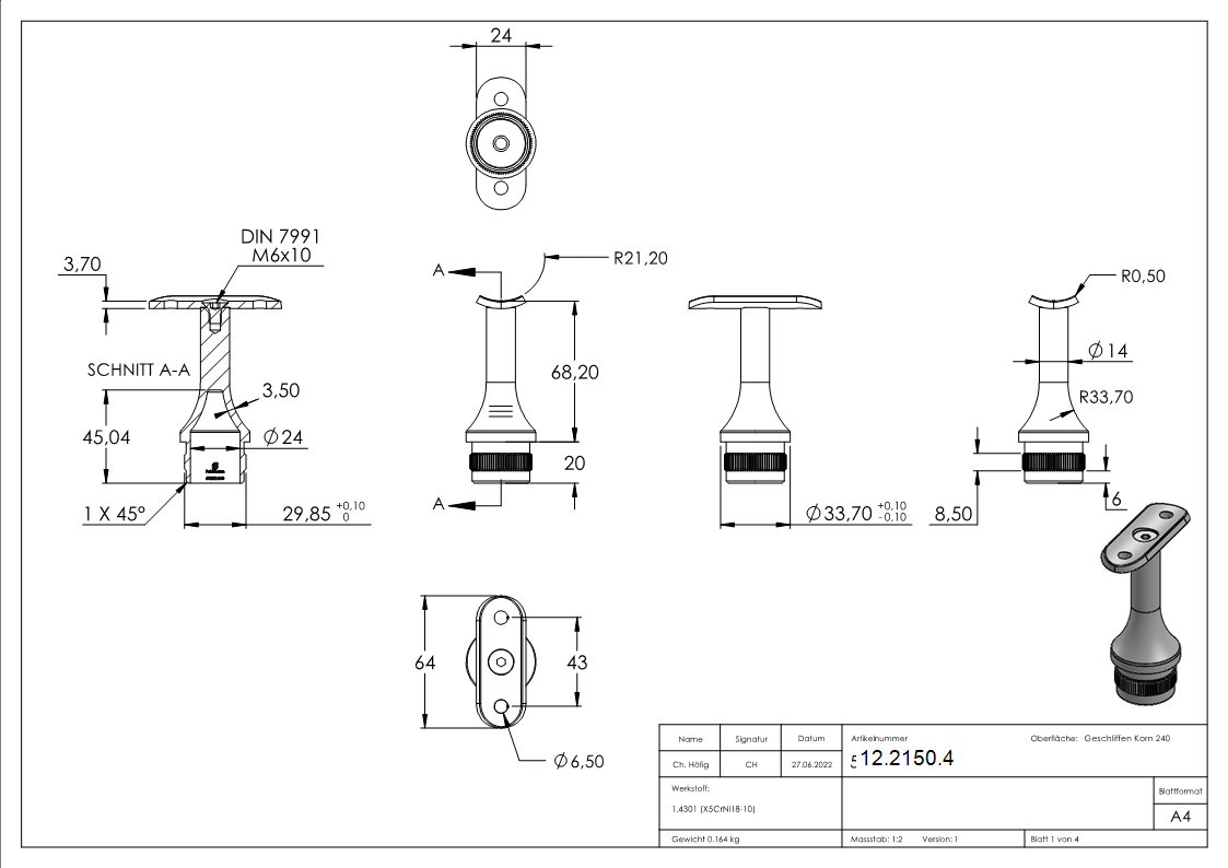 Stuetze mit Halteplatte fuer Rundrohr Ø 42-4 mm - Stopfen fuer 33-7x2-0 mm V2A-12-2150.4