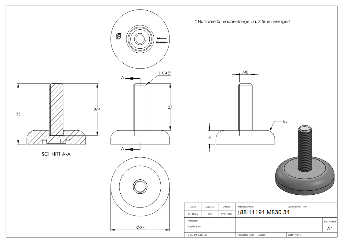 Bodenausgleichsschraube M8 x 30-88-11191-M830.34
