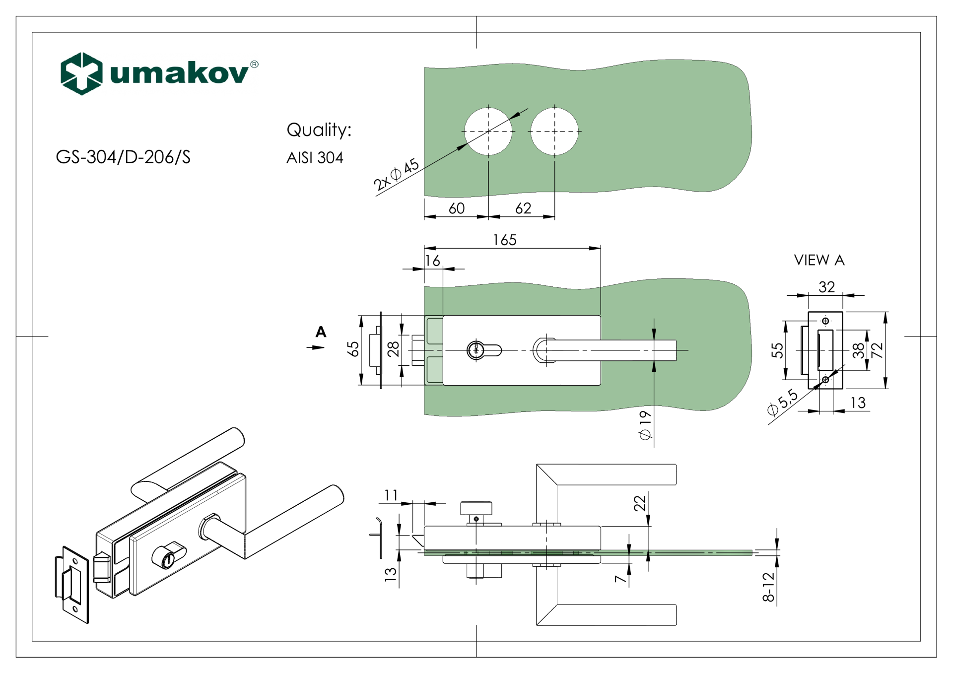 Glastuerschloss mit Druecker und PZ-Zylinderlochung- Edelstahl V2A geschliffen-89-11GS304D206S-A.4