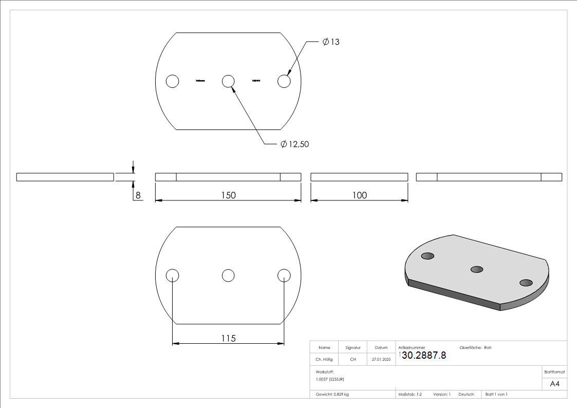 Ankerplatte 150x100x8 mm 3 Bohrungen -  Stahl roh-30-2887.8
