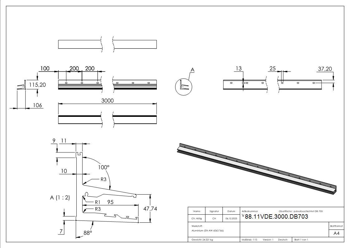 Vordachprofil eleganza canopy- L- 3000mm- DB703-88-11VDE-3000.DB703