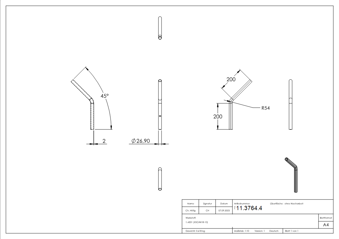 Bogen 45° zum Schweissen aus Rundrohr- Ø 26-9x2-0 mm V2A-11-3764.4