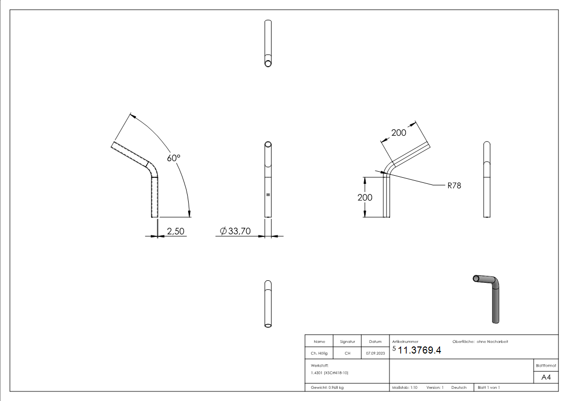 Bogen 60° zum Schweissen aus Rundrohr- Ø 33-7x2-6 mm V2A-11-3769.4