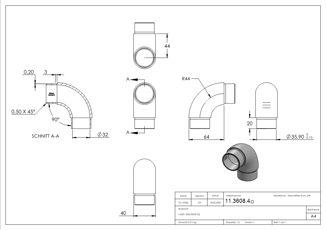 Rohrbogen 90° rund V2A fuer Rundrohr Ø 40-0x2-0 mm-11-3608.4