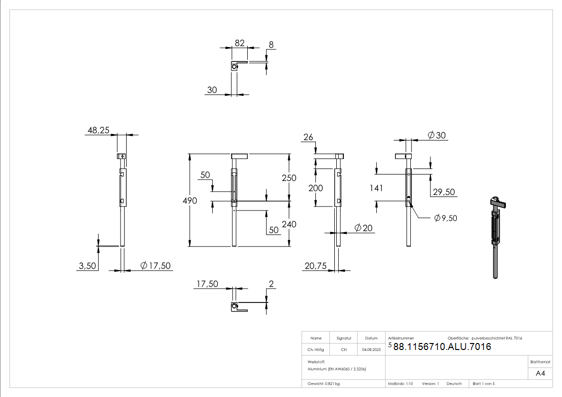Bodenriegel mit Laenge 490mm- zum Anschrauben- RAL 7016-88-1156710-ALU.7016