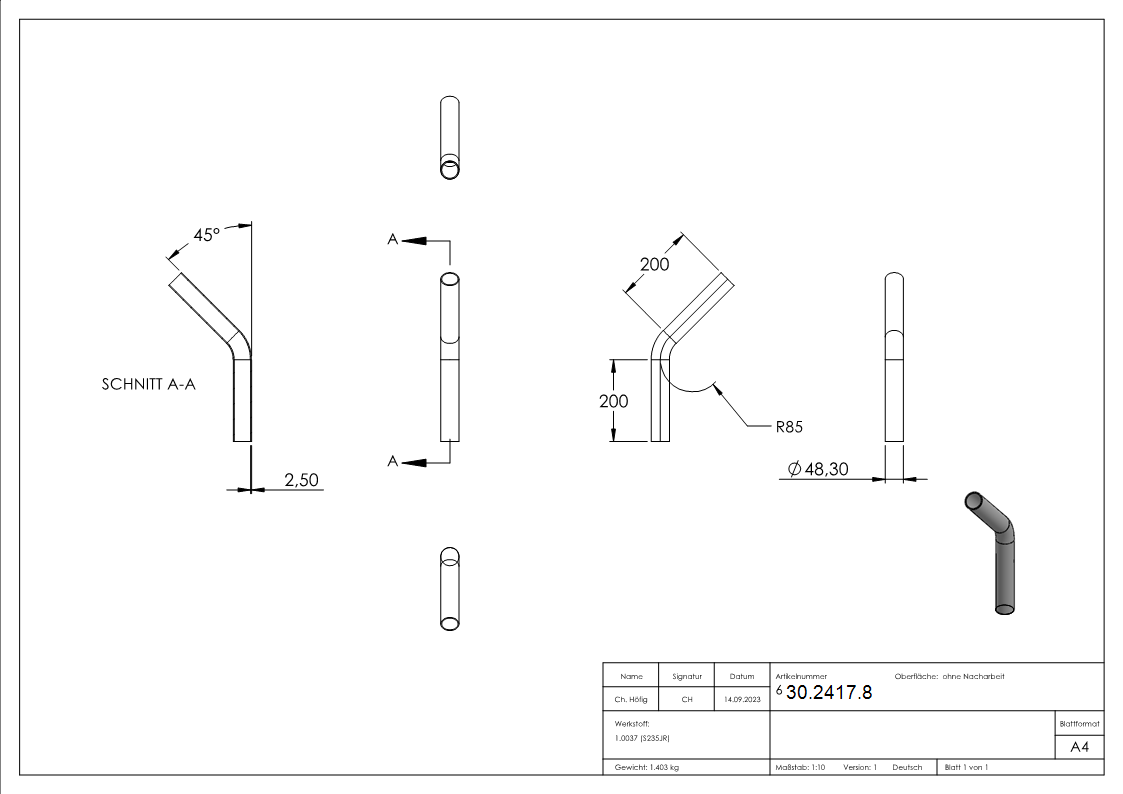 Rohrbogen 45° Stahl roh - 48-3 x 2-5 mm -1 ½- - S235JR-30-2417.8