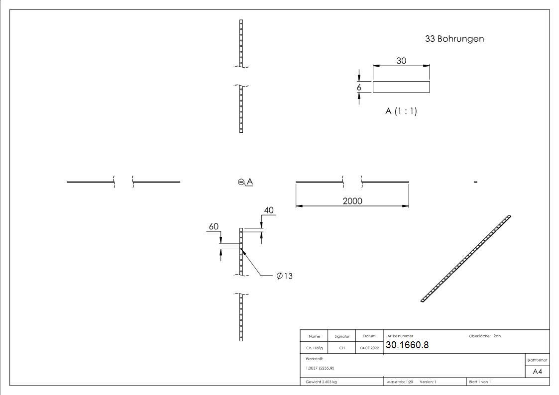 Flacheisen gelocht Laenge- 2000 mm Material 30x6 mm Stahl S235JR- roh-30-1660.8
