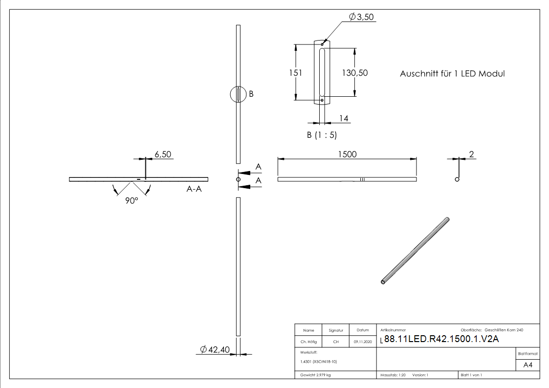 Edelstahlrohr 42-4 x 2-0mm fuer LED Module-88-11LED-R42-1500-1.V2A