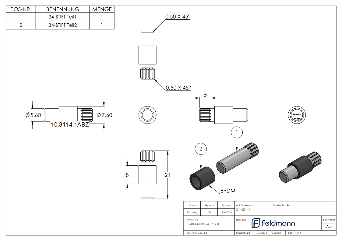 1 Sicherungsstift zu Glasklemme 52x52x32-5 mm AbZ V4A-10-3114.1ABZ