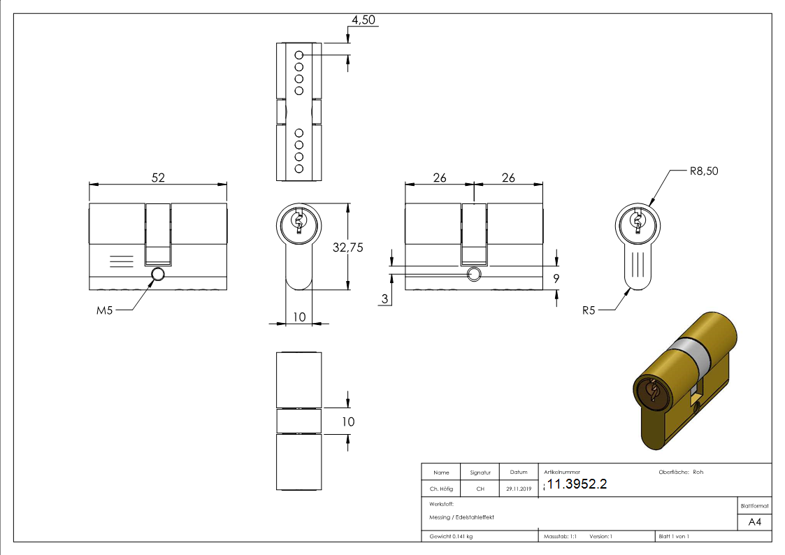 Zylinder Edelstahloptik 52 mm mit 3 Schluessel-11-3952.2