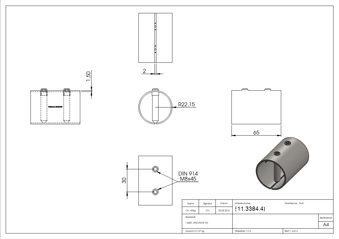 Rohrverbinder V2A fuer Rohr Ø 48-3 x 2-0 mm L 65 mm mit Klemmschrauben-11-3384.4
