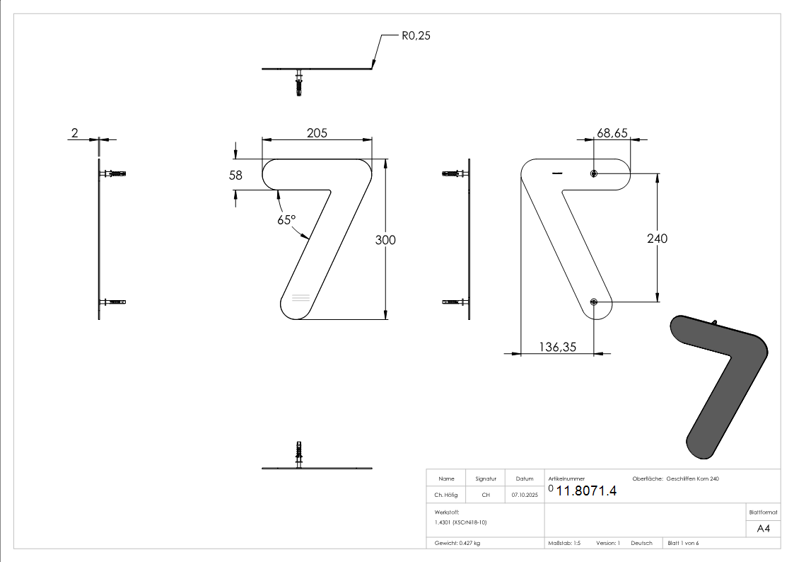 Hausnummer 7 - gross - Masse- 200 mm x 300 mm - V2A-11-8071.4