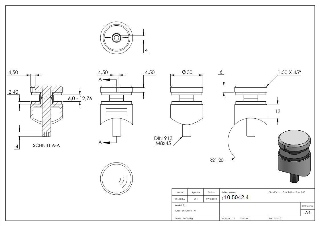 Glaspunkthalter Ø 30 mm- V2A- Anschluss- Rohr Ø 42-4 mm-10-5042.4