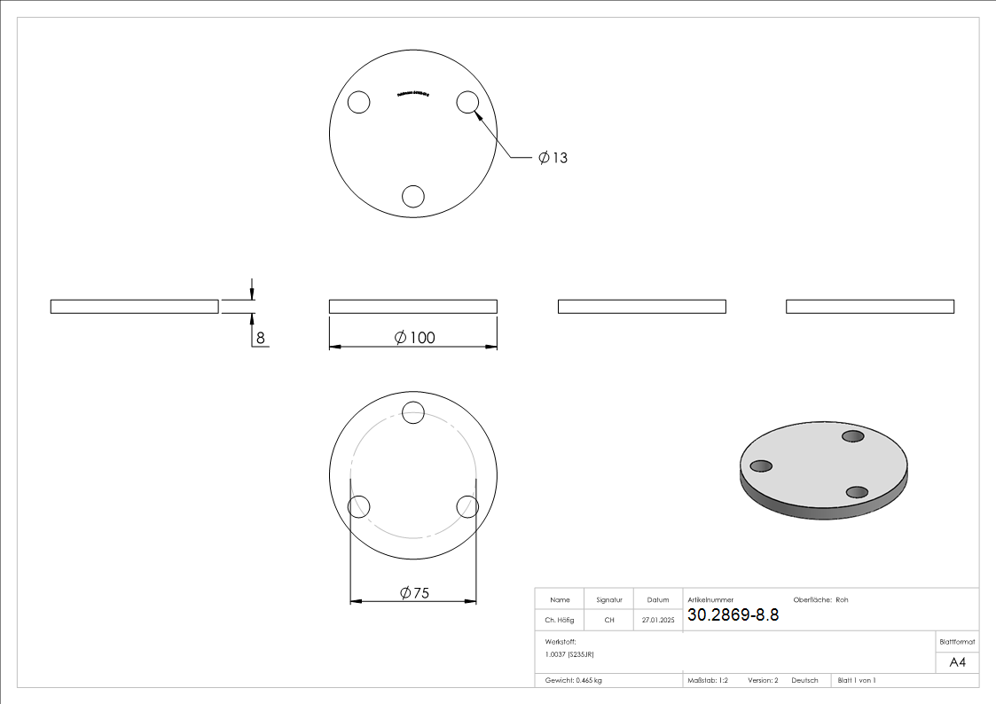Ankerplatte 100x8 mm 3 Bohrungen -  Stahl roh-30-2869-8.8