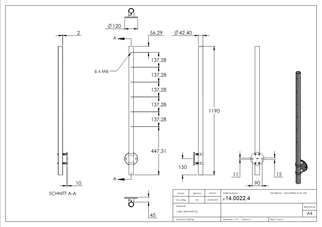 Gelaenderpfosten seitliche Montage fuer 6 Querstabhalter M6 Laenge- 1190 mm V2A-14-0022.4