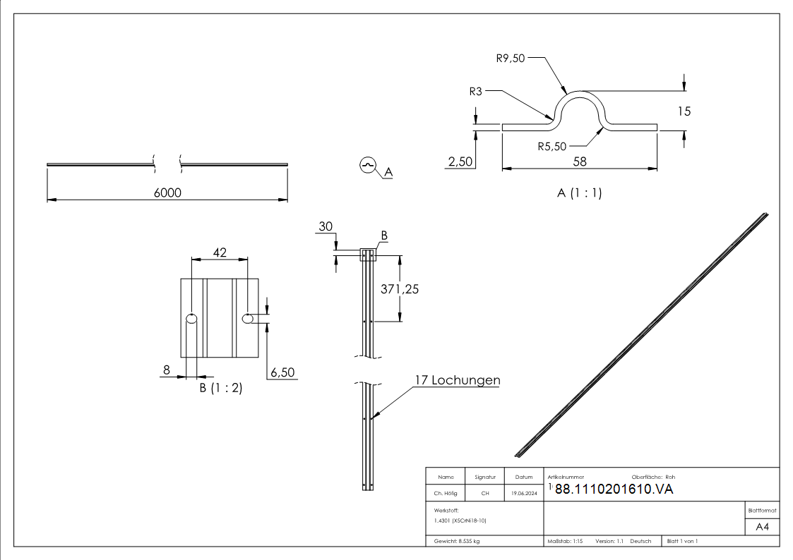 Laufschiene Edelstahl V2A zum Aufschrauben L = 6000 mm-  oben 19 mm-88-1110201610.VA