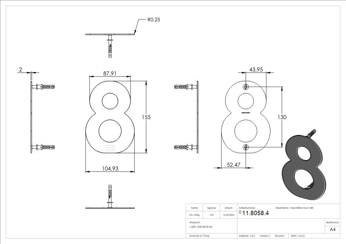 Hausnummer 8 - klein - Masse- 110 mm x 150 mm - V2A-11-8058.4