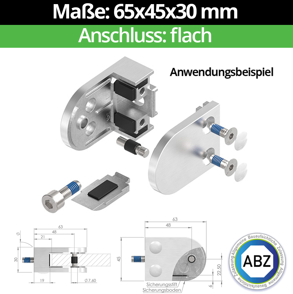 Glasklemme AbZ 63x45x30 mm Flach- fuer 10-76 mm VSG Glas- Nein - Ohne Sicherungsstift- Ja - mit Sicherungsboden-10-MODELL38-1-11-1.2