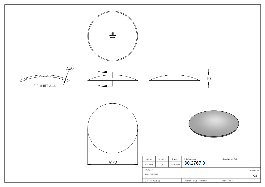 Klopperboden Rohrabschluss Ø 70-0x2-5 mm Stahl roh Hoehe- 10 mm-30-2767.8
