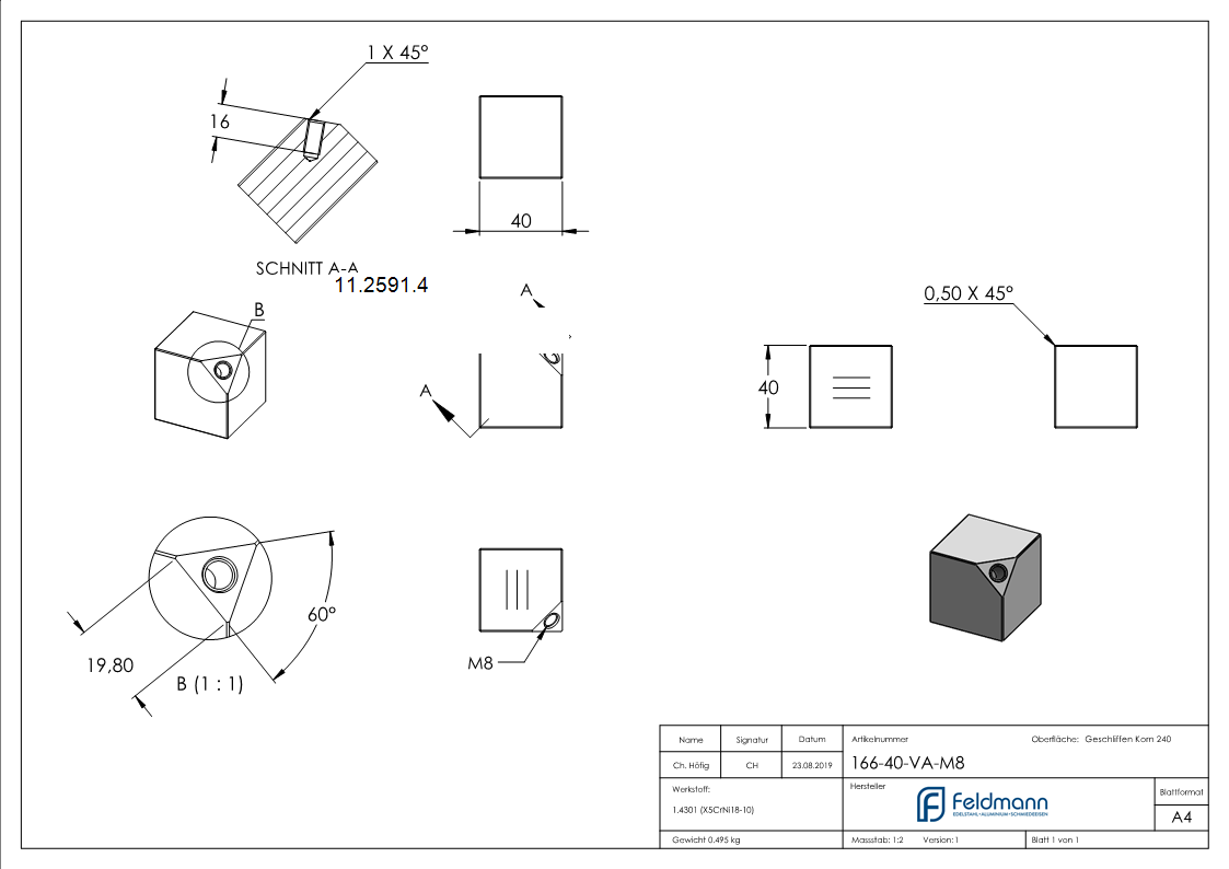 Wuerfel 40x40 mm Vollmaterial mit Gewinde M8 V2A-11-2591.4