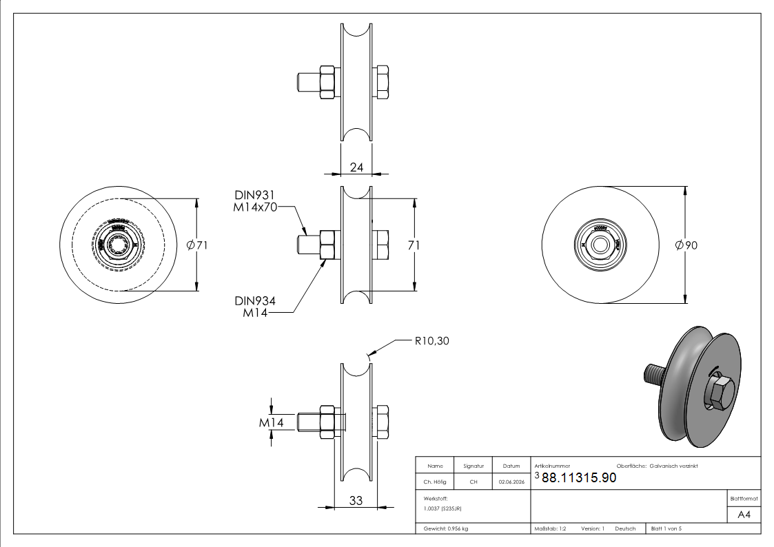 Schiebetorrolle verzinkt Ø 90 mm fuer Schiene Ø 20 mm 2 Kugellager-88-11315.90