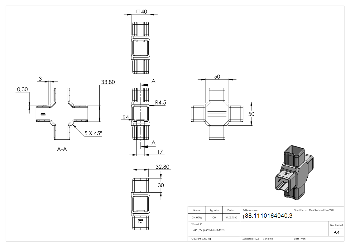 Kreuzstueck V4A 40x40x3 mm zum Stecken-88-1110164040.3