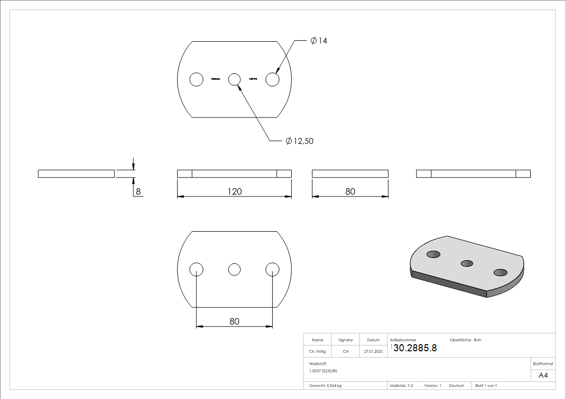 Ankerplatte 120x80x8 mm 3 Bohrungen -  Stahl roh-30-2885.8