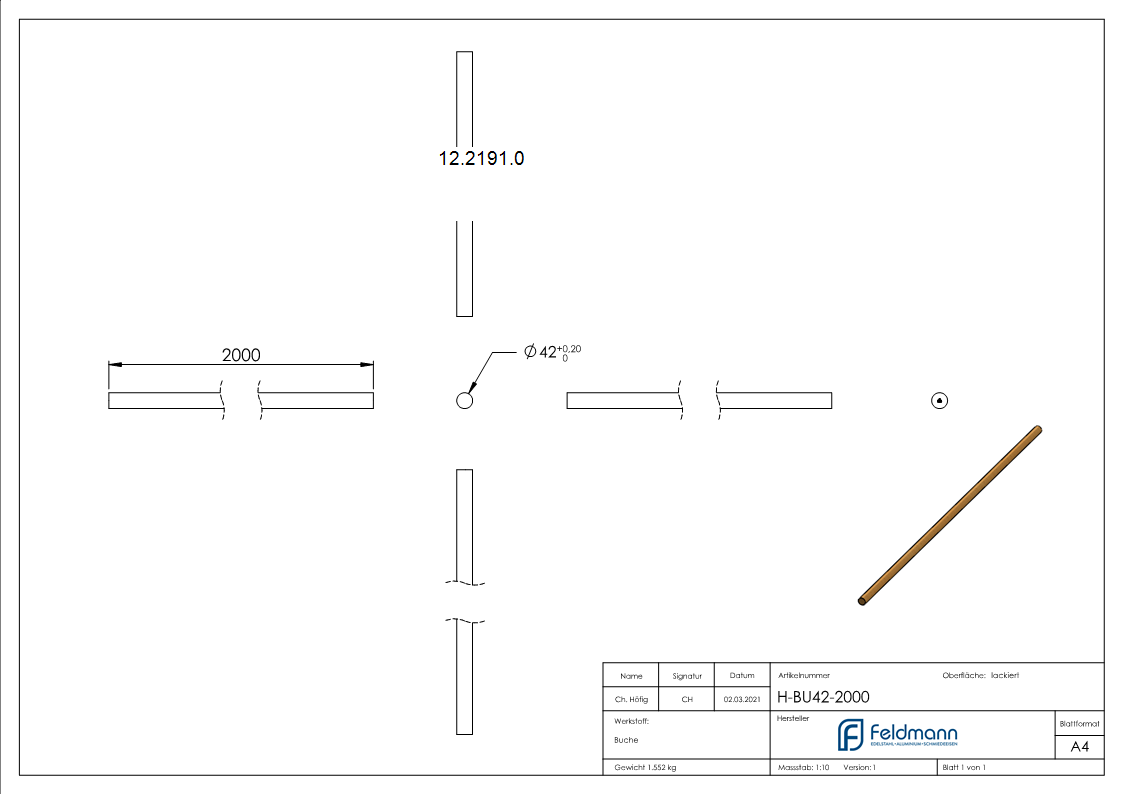 Holzhandlauf Buche- D=42mm- Laenge 2000mm-12-2191.0