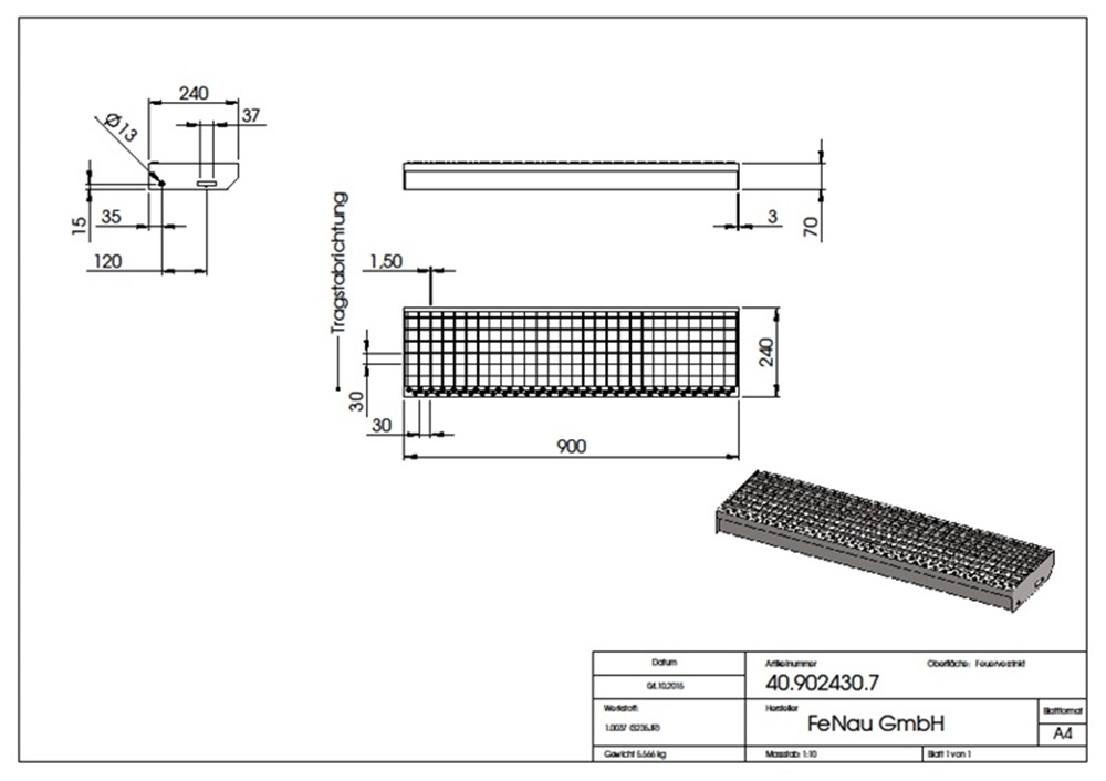 Gitterroststufe Treppenstufe Masse- 900x240 mm 30-30 mm S235JR -St37-2- im Vollbad feuerverzinkt-40-902430.7