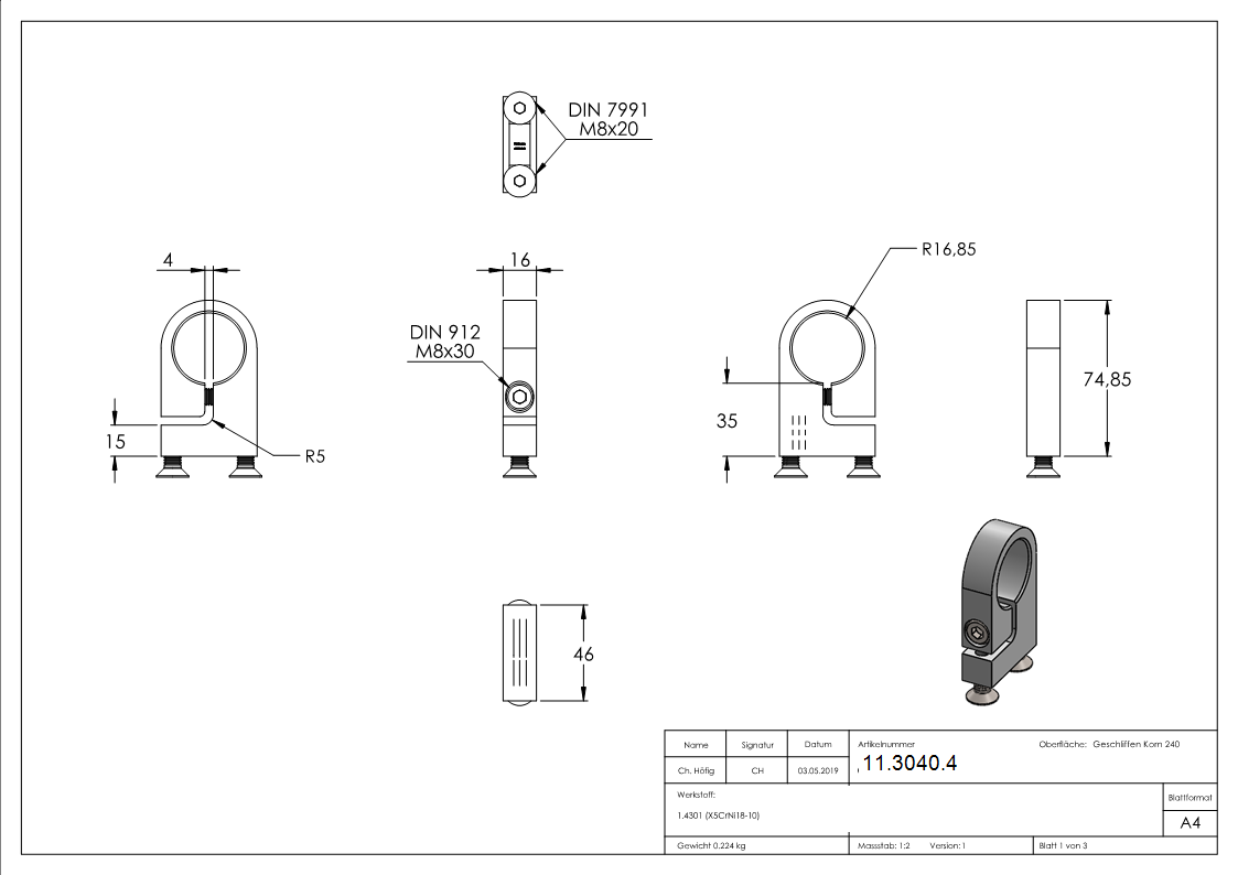 Spannring 35 mm fuer Rundrohr Ø 33-7 mm - V2A-11-3040.4