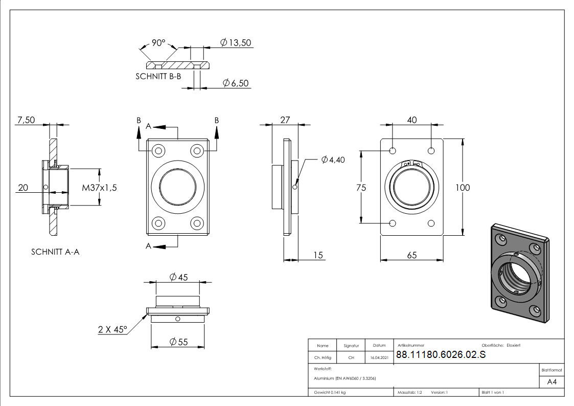 Montageplatte eckig 65 x 100 mm-88-11180-6026-02.S