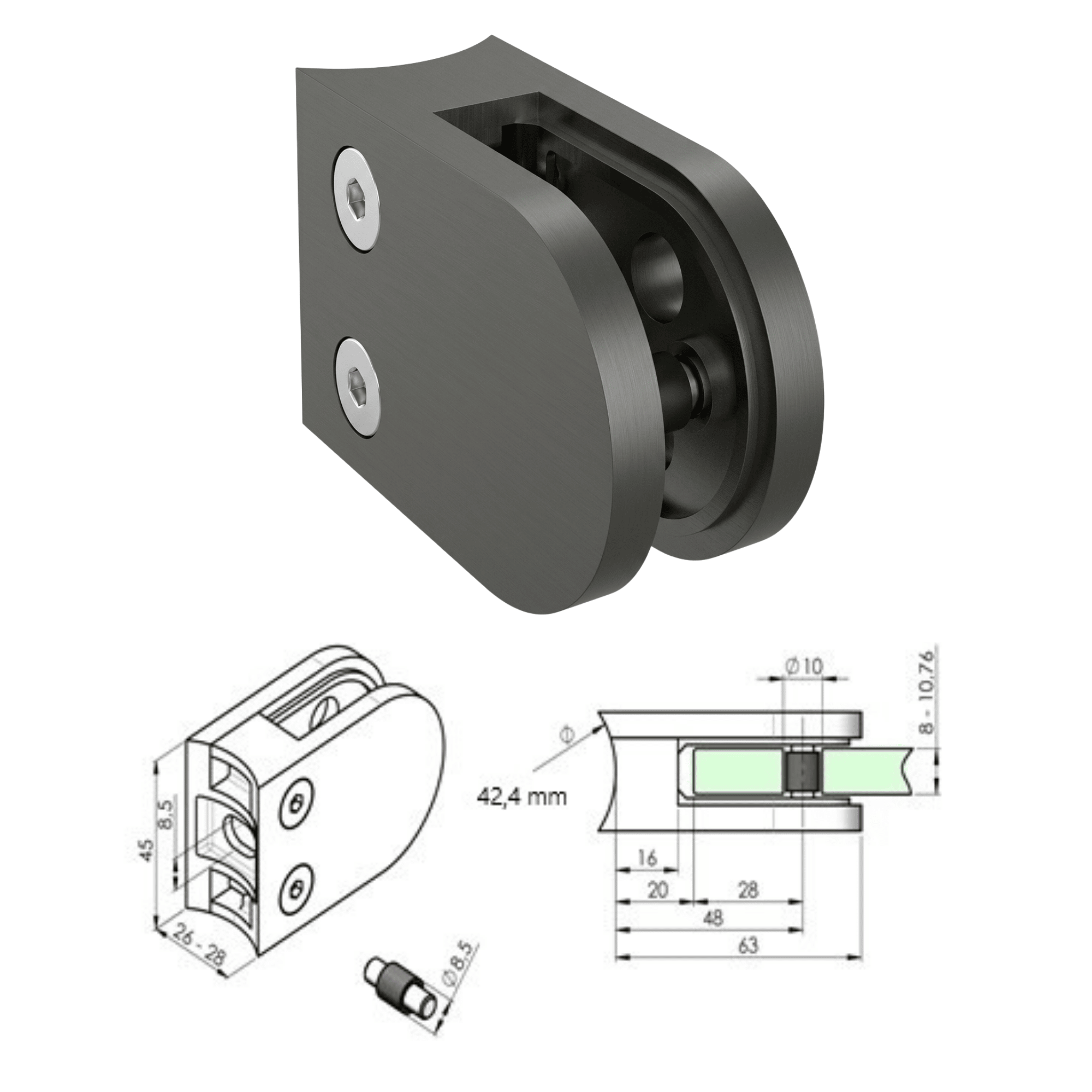 Glashalter V2A fuer Rohr Ø 42-4 mm PVD Schwarz 4er Set-89-11APVD2200042SET4-A.4