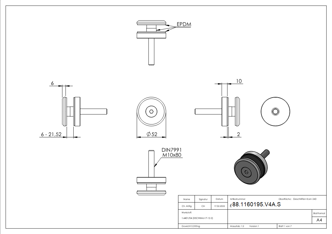 Glaspunkthalter Ø 50 mm- V4A- Anschluss- Flach- Klemmbereich bis 21-52 mm- mit AbP-88-1160195-V4A.S