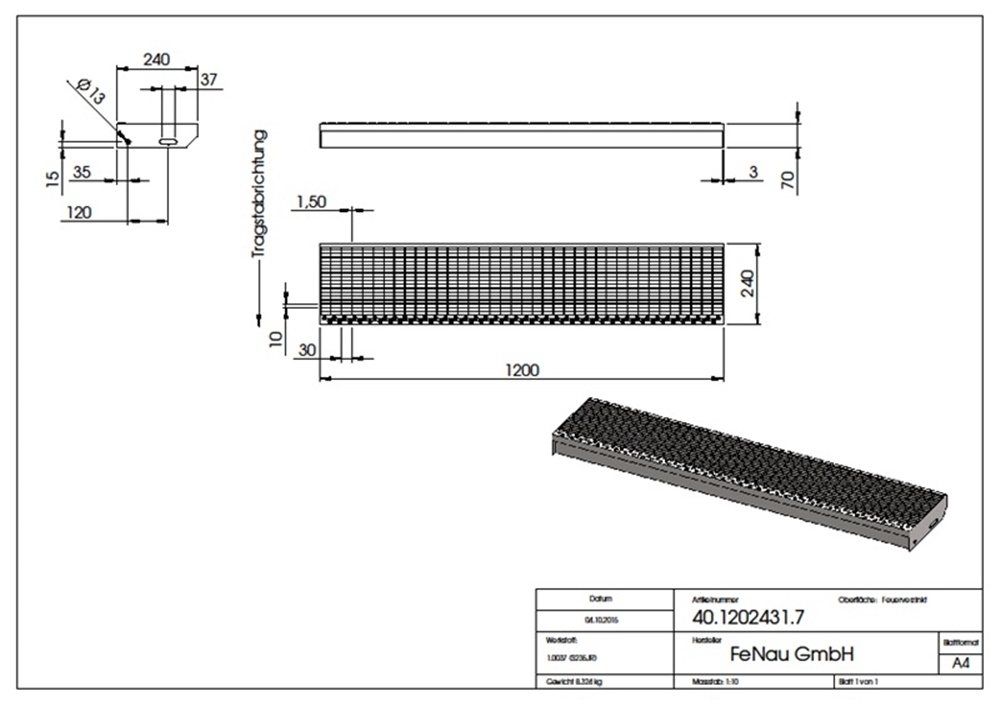Gitterroststufe Treppenstufe Masse- 1200x240 mm 30-10 mm S235JR -St37-2- im Vollbad feuerverzinkt-40-1202431.7