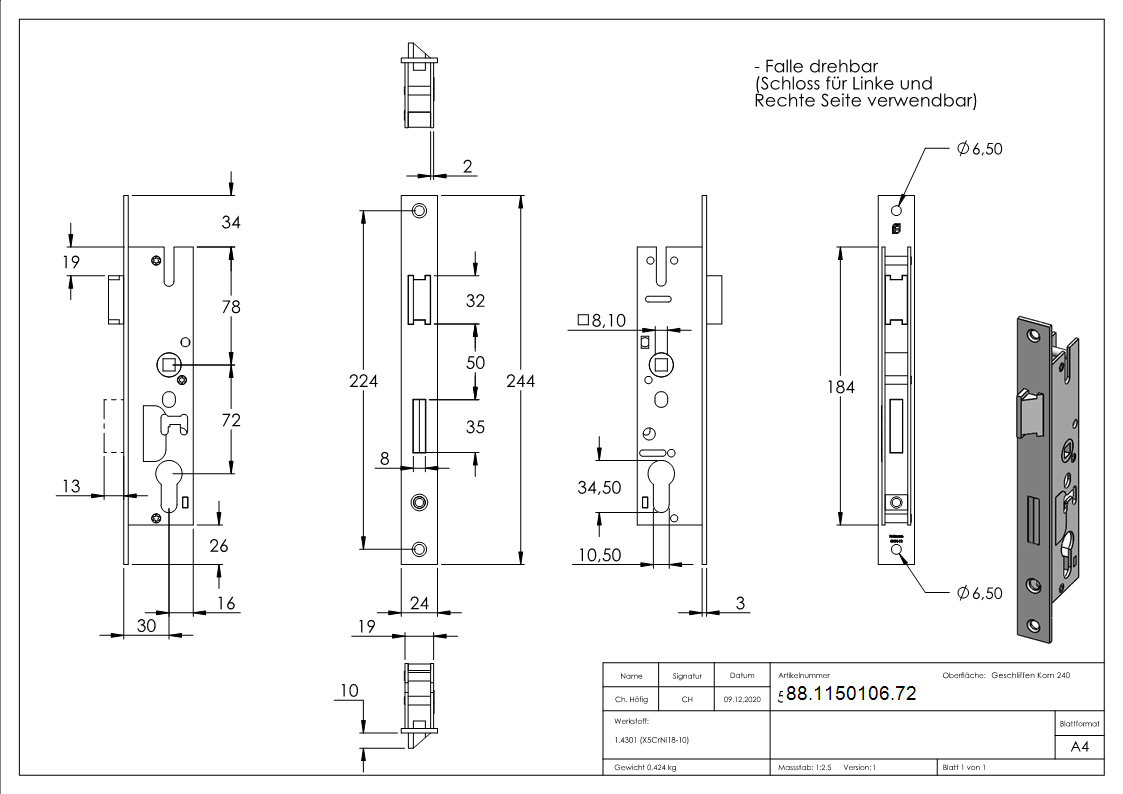 Rohrrahmenschloss verzinkt mit Dornmass 30mm-88-1150106.72