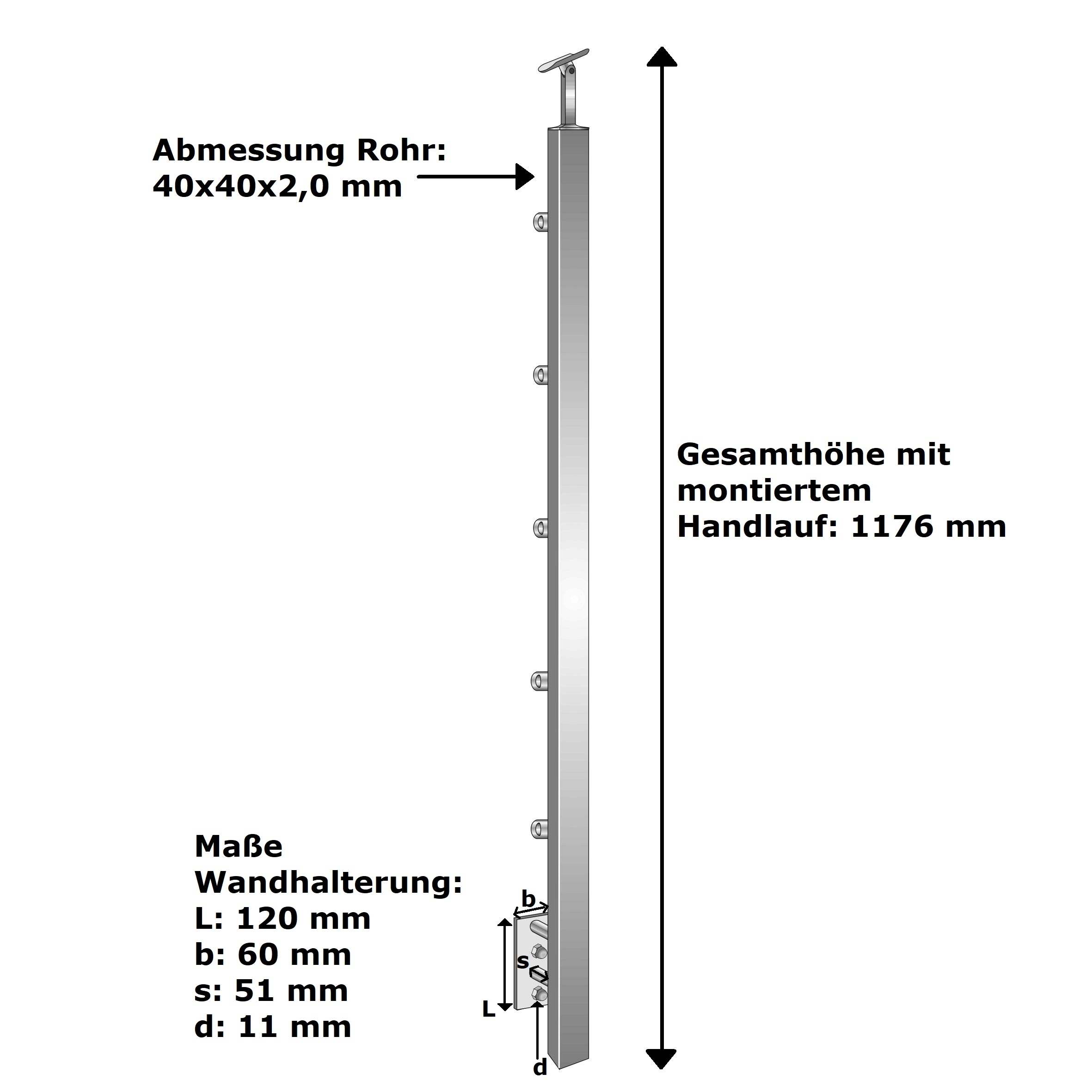 Gelaenderpfosten Edelstahl AISI 304 40x40 mm 1000 mm Seitenmontage 5 Fuellstabhalter d12mm-14-0087ER-A.4