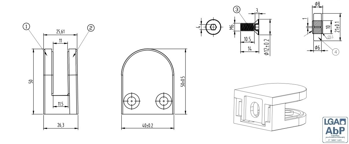 Glasklemme - Masse- 50x40x26 mm - Anschluss flach - V2A 1 Parr Gummis 10-00 mm ESG-18-2000-A.4-8