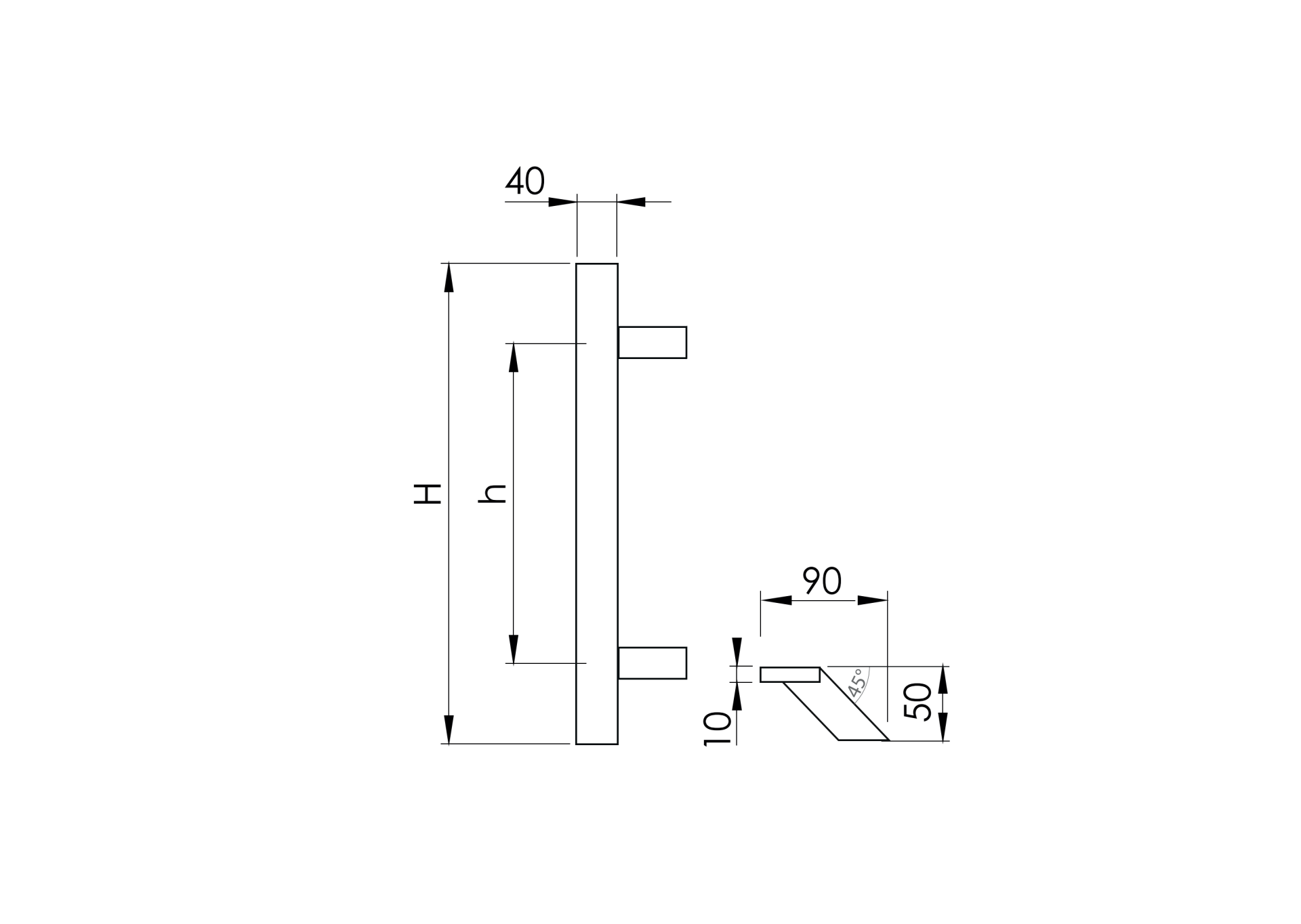 FeNau Glastuergriff Edelstahl AISI 316 geschliffen 700mm 45°-89-11GS316M332700S-A.4
