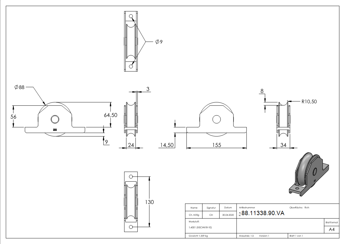 Schiebetorrolle Edelstahl V2A  88 mm Rundrille mit Bgel-88-11338-90.VA
