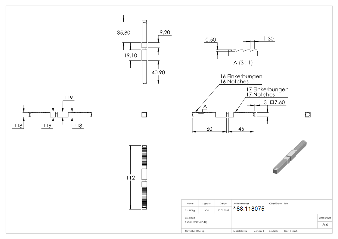 Stift 8 auf 9 x 105mm geteilt-88.118075