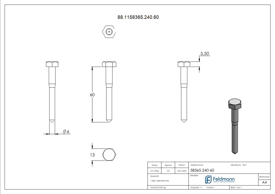 Sechskant-Holzschraube V2A Edelstahl 8 x 60 mm DIN 571-88-1158365-240.60