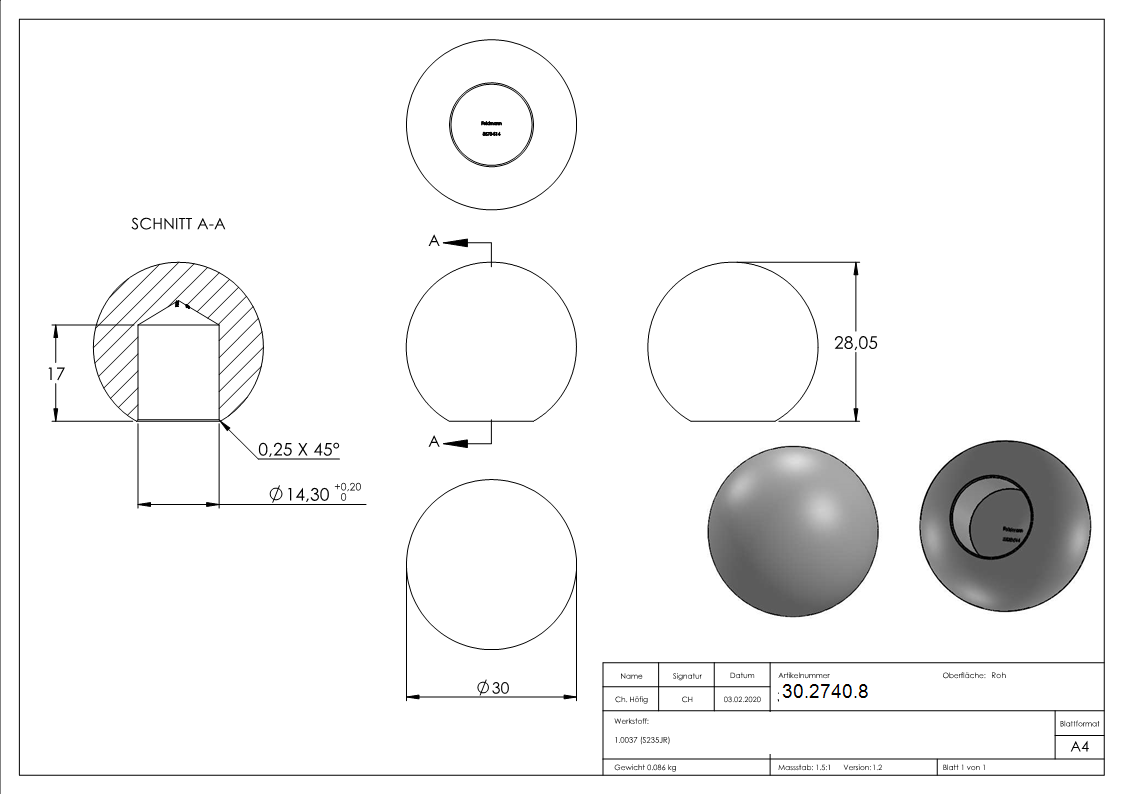 Kugel Ø 30 mm - mit Sackloch 14-2 mm - Stahl S235JR- roh-30-2740.8