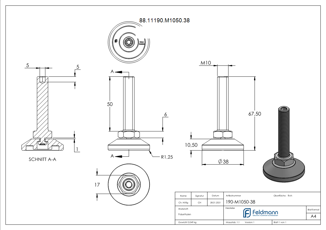 Stellfuss Stahl-Kunststoff M10x50 Fuss-Ø 38 mm mit Innensechskant-88-11190-M1050.38