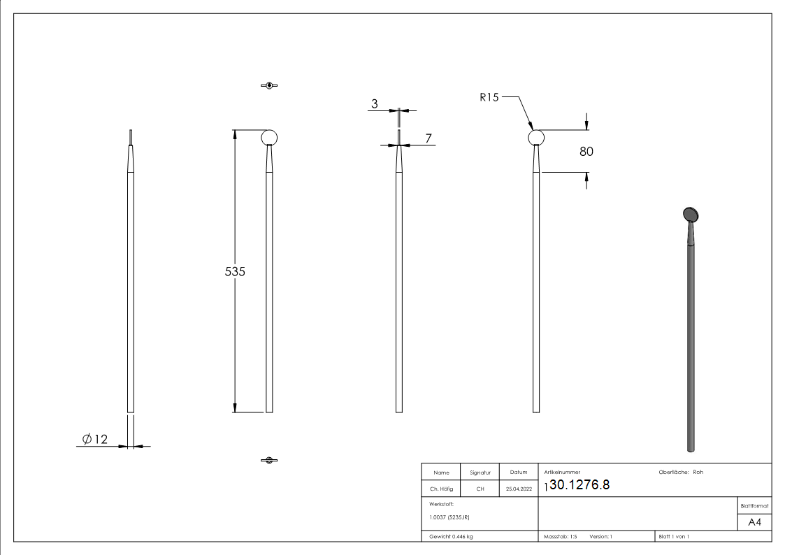 Zaunstab - Laenge- 535 mm - Material Ø 12 mm - Scheibe Ø 30 mm - Stahl S235JR- roh-30-1276.8