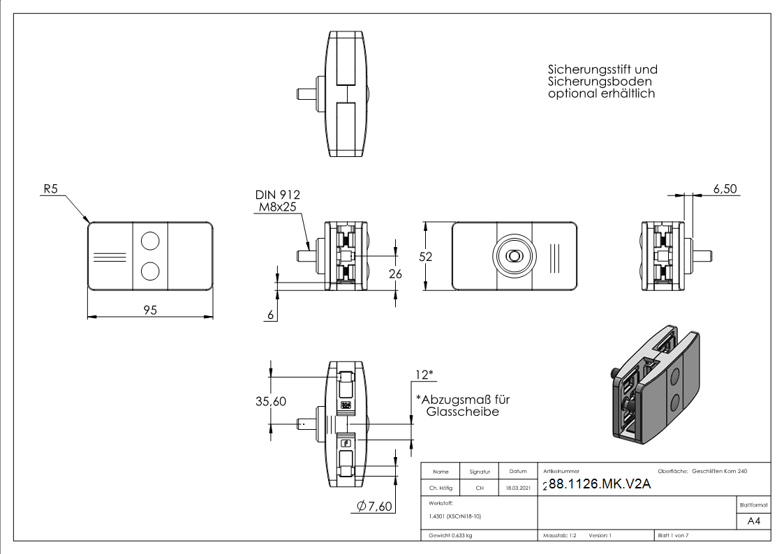 Sichtschutz Mittelglasklemme Mod- 26- in V2A-88-1126-MK.V2A