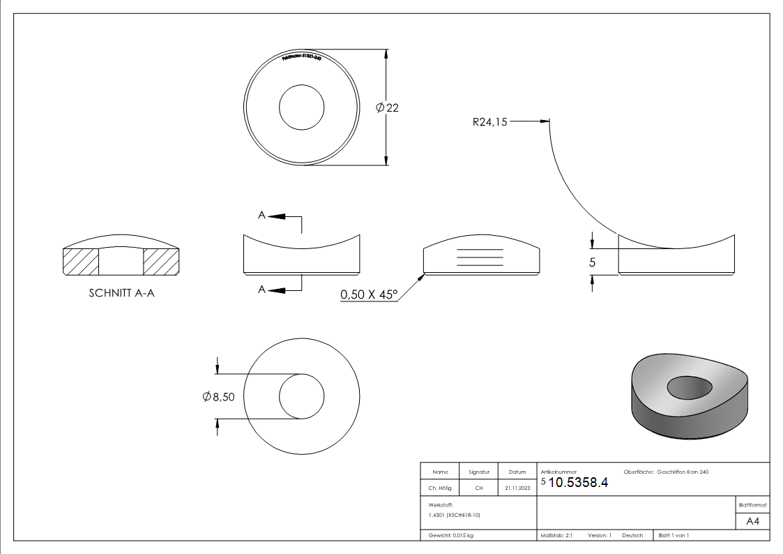 Ausgleichsstueck Ø 22 mm fuer Rundrohr Ø 48-3 mm V2A-10-5358.4